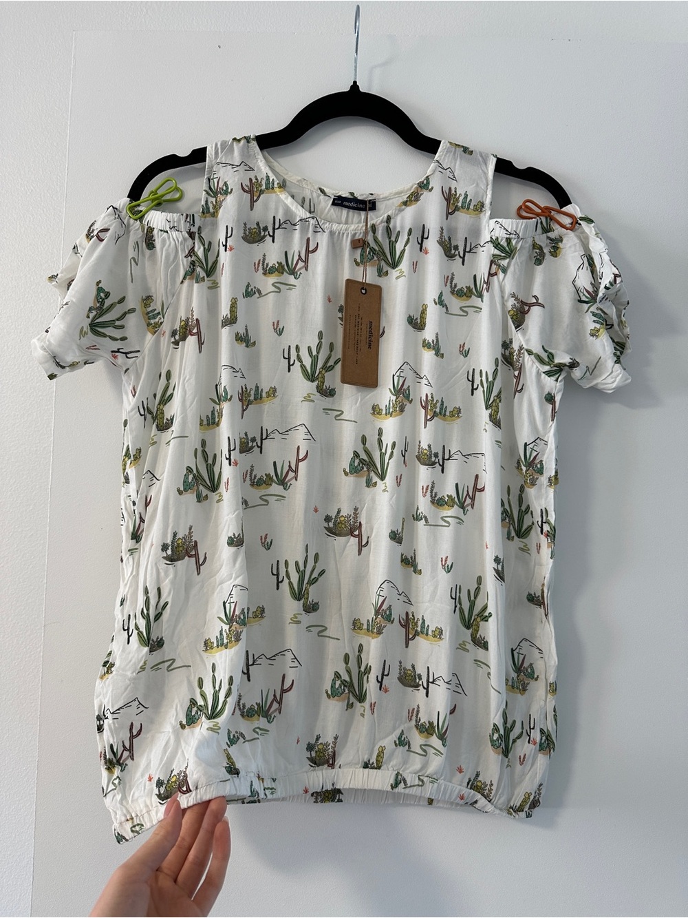 White Cold-Shoulder Cactus Print Blouse